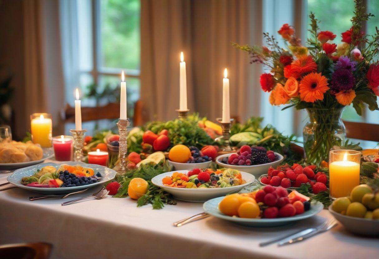 A beautifully arranged table setting featuring an array of colorful, healthy dishes designed for IBS-friendly diets, with a focus on fresh ingredients like fruits, vegetables, and probiotics. In the background, a soft, romantic ambiance with candlelight and flowers, emphasizing love and care. Artistic overlays of microscopic views of beneficial bacteria to symbolize the microbiome concept. Warm lighting enhances the inviting feel of the scene. vivid colors. romantic atmosphere. soft focus.