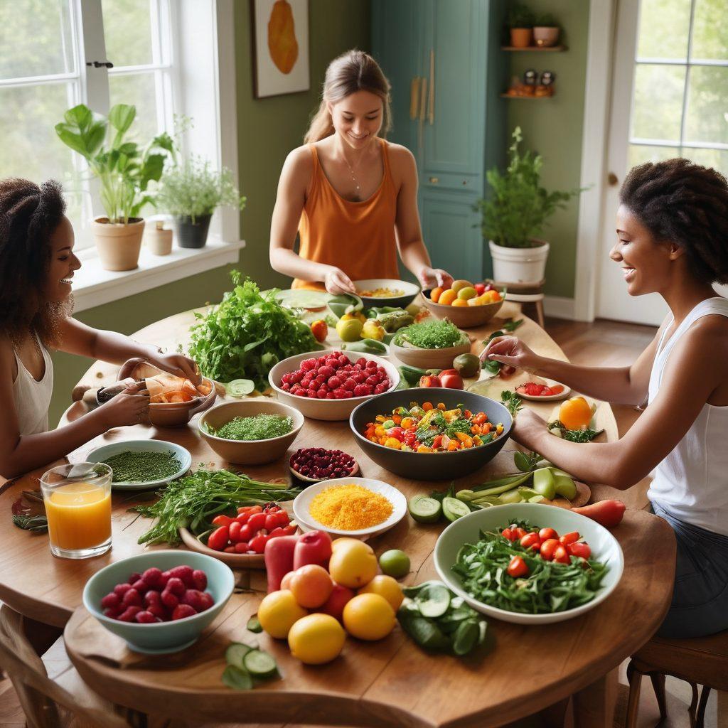 A serene kitchen scene featuring a diverse group of friends joyfully preparing a colorful meal together, surrounded by fresh fruits, vegetables, and herbs. Soft, warm lighting enhances the inviting atmosphere. An open recipe book with healthy tips sits on the table, symbolizing a caring lifestyle. Include elements of wellness such as yoga mats and herbal teas in the background. super-realistic. vibrant colors. warm tones.