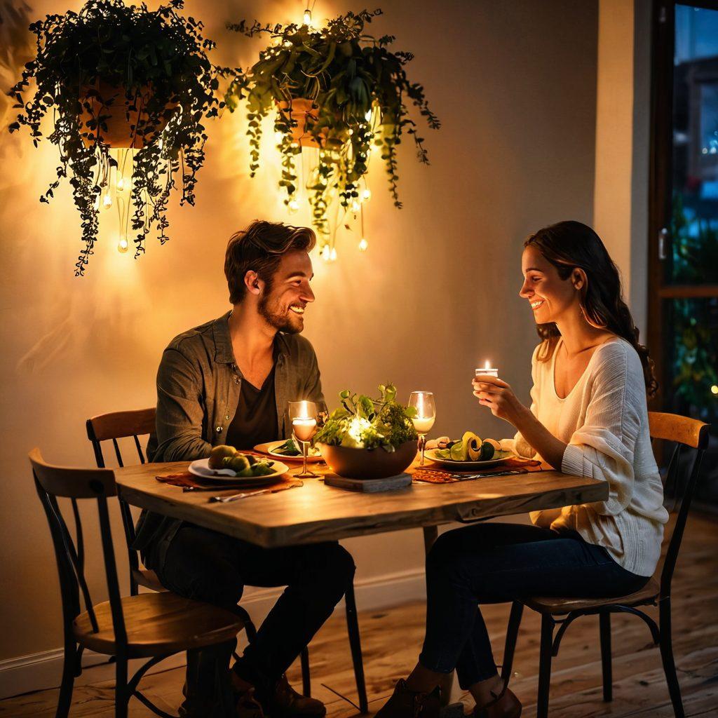 A cozy, inviting dining scene featuring a candlelit table adorned with wholesome, colorful dishes symbolizing gut-friendly foods like avocados, quinoa, and vibrant salads. In the background, a heart shape formed by intertwined plants and soft glowing lights, suggesting romance and warmth. A couple can be seen sharing a laugh, with a soft-focus on their affectionate gestures. The ambiance is gentle and intimate, perfect for promoting love and health. super-realistic. warm tones. soft focus.